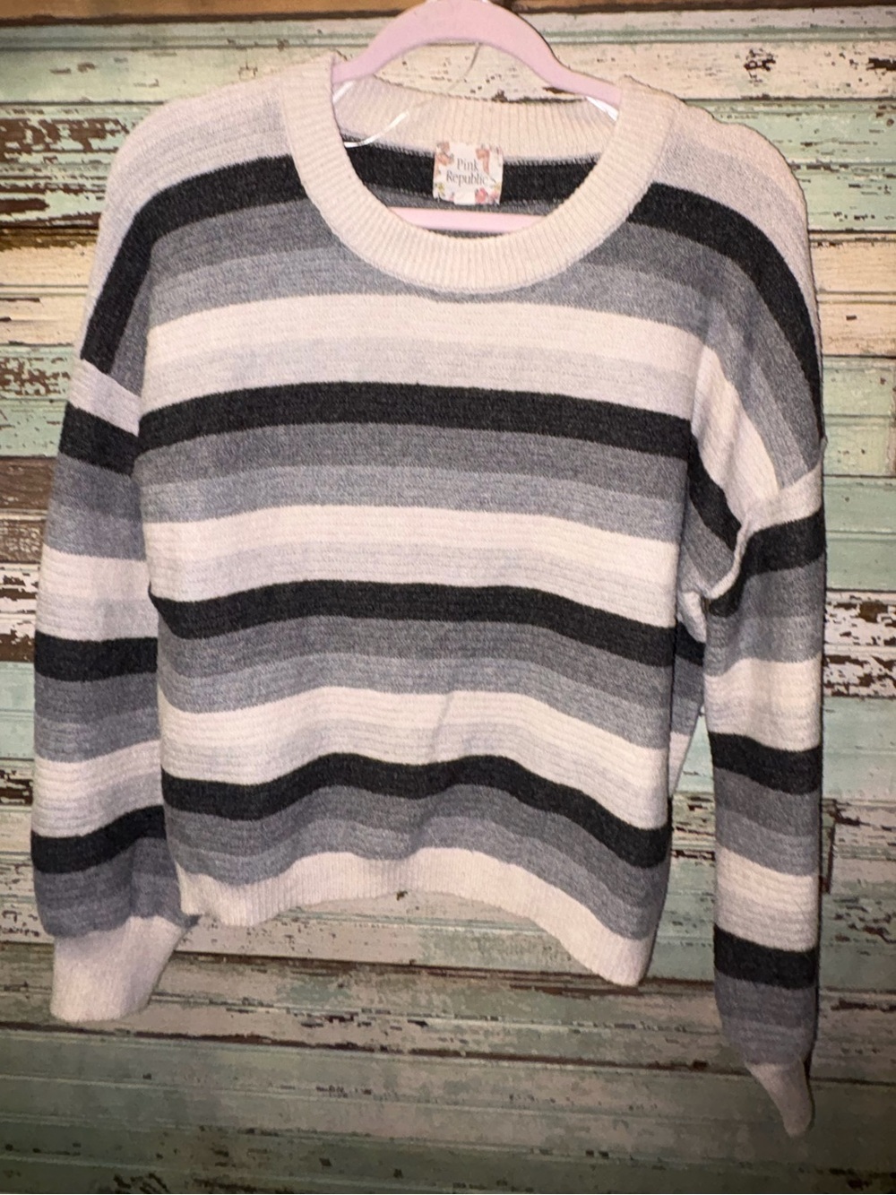 Pink Republic Striped Crewneck Sweater in Gray and Cream